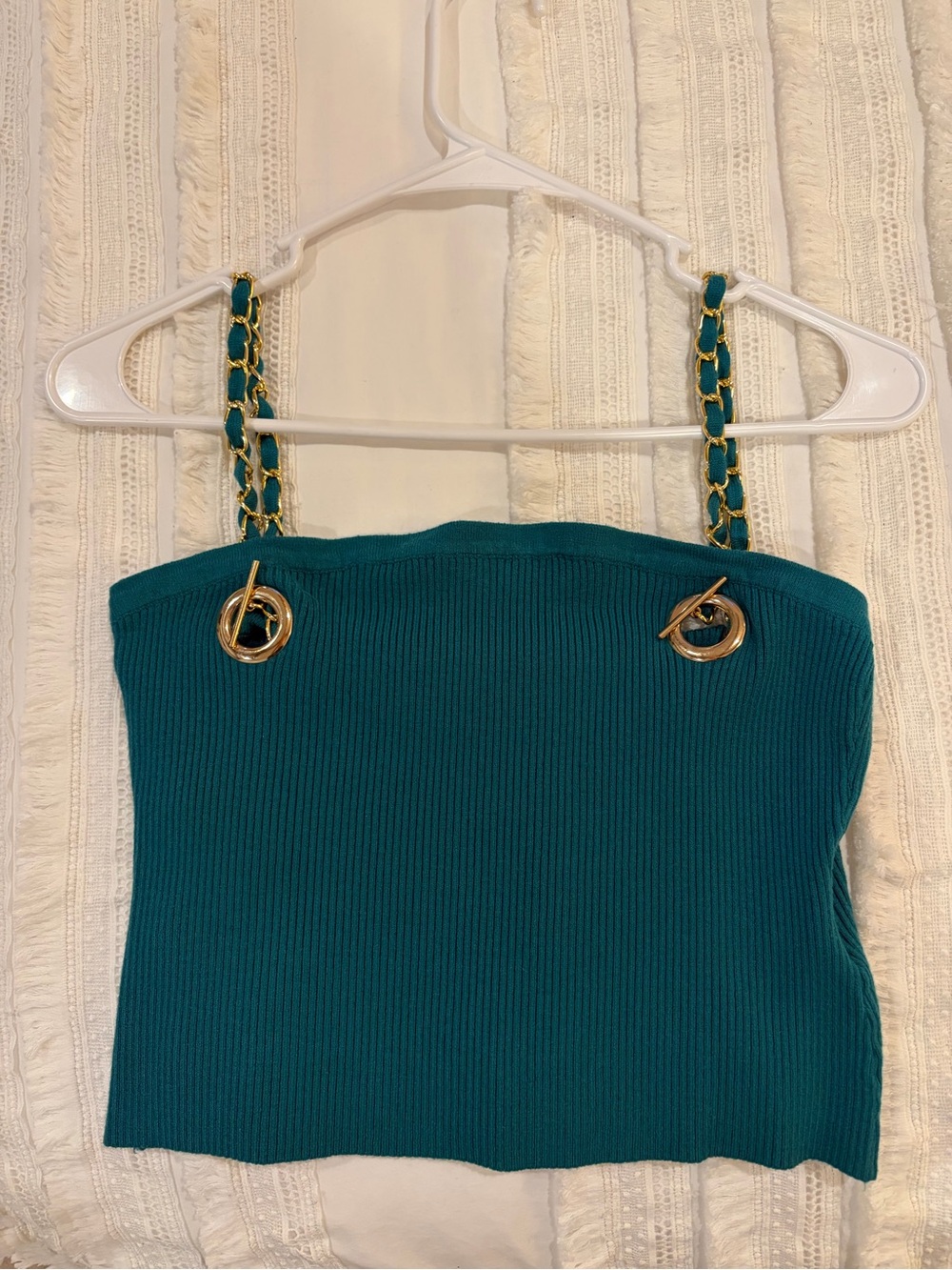Teal Ribbed Chain-Strap Crop Top with Gold Accents